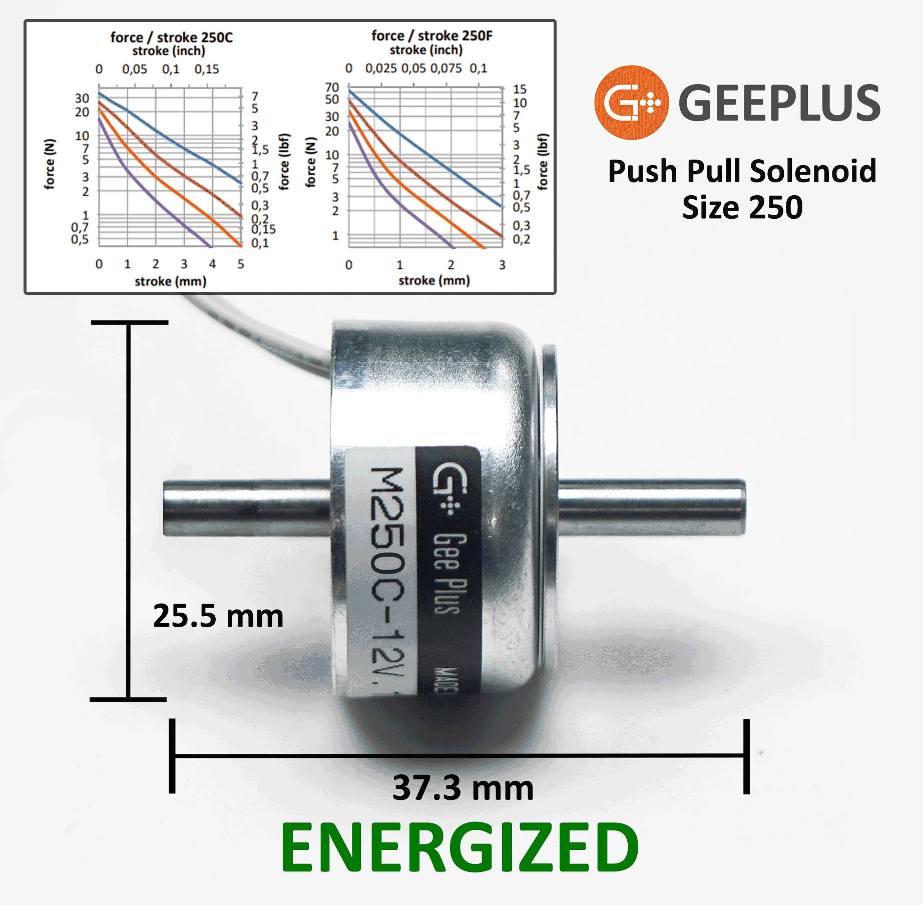 Geeplus Push/Pull-Hubmagnet (Kurzhubmagnet) M401C-25P, Ø40 x 22mm, 12,5W Dauer, bis 6mm Hub, Haltekraft >50N bei 100%ED-1