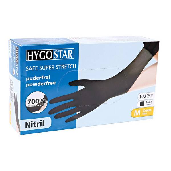 Hygostar Safe Super Stretch Nitril-Einweghandschuh puderfrei unsteril (100 Stk.) Farbe: Schwarz, Gr. 10 (XL)