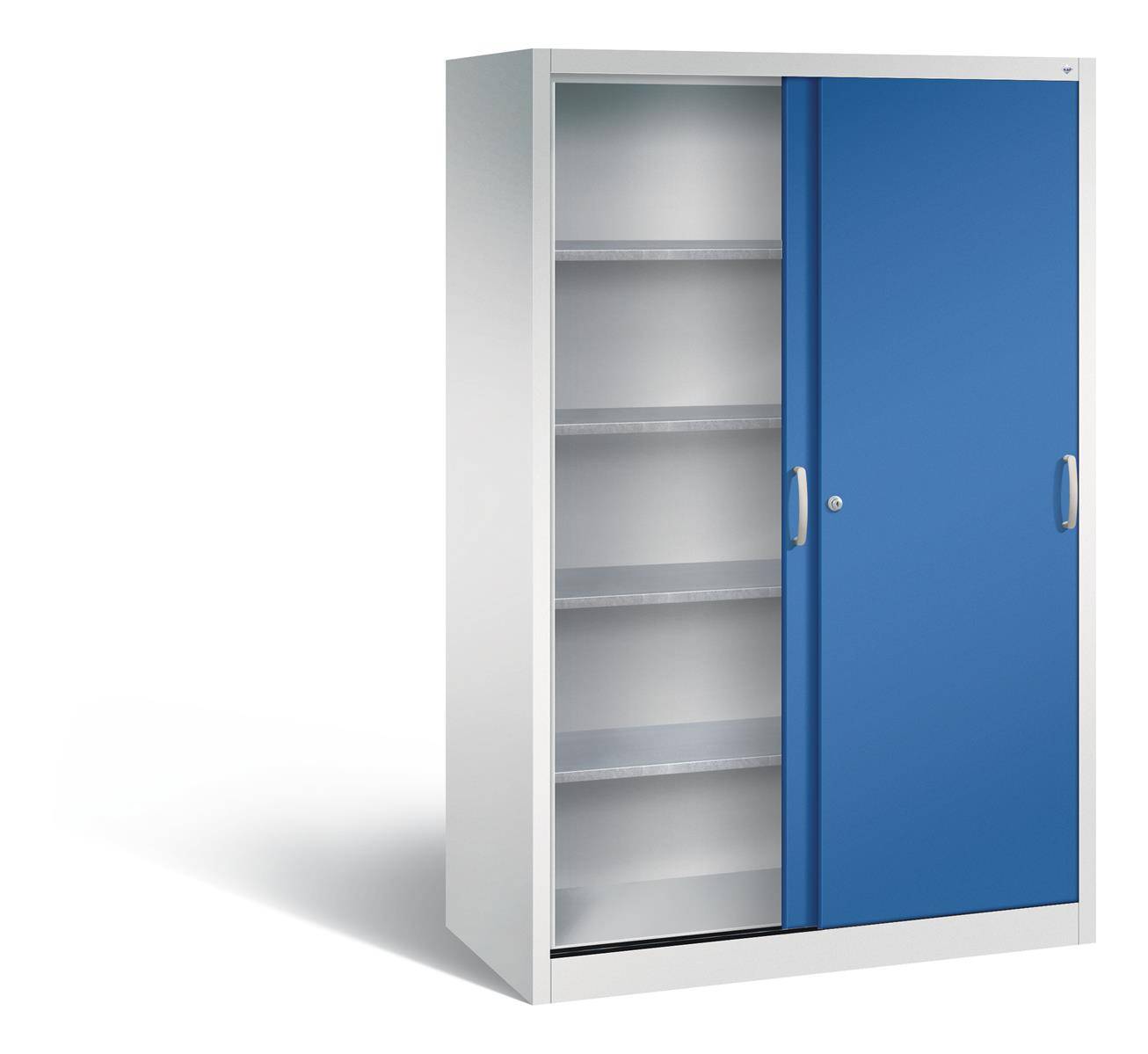 Schiebetürenschrank, Serie Acurado-2000, Korpus: RAL 7035 Lichtgrau, Front: RAL 5010 Enzianblau-1
