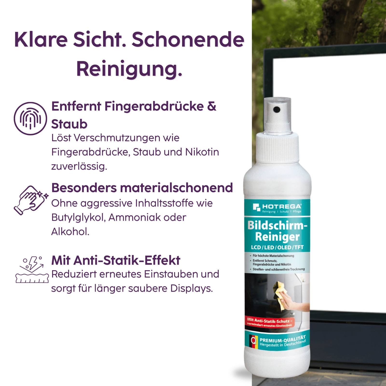 HOTREGA Bildschirmreiniger LCD/Plasma & TFT 250 ml Pumpsprühflasche SET + Microfasertuch 40 x 40 cm-1