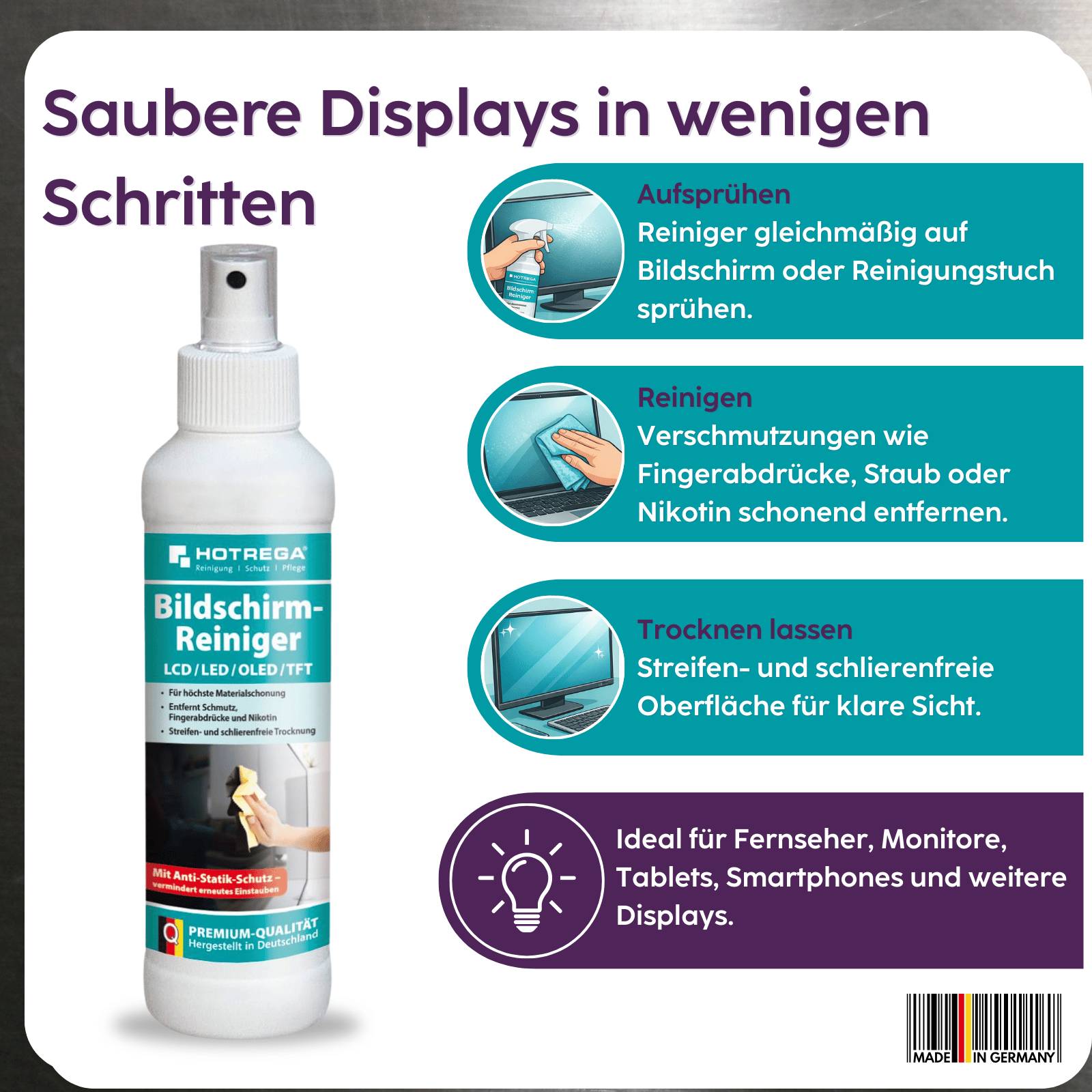 HOTREGA Bildschirmreiniger LCD/Plasma & TFT 250 ml Pumpsprühflasche SET + Microfasertuch 40 x 40 cm-2