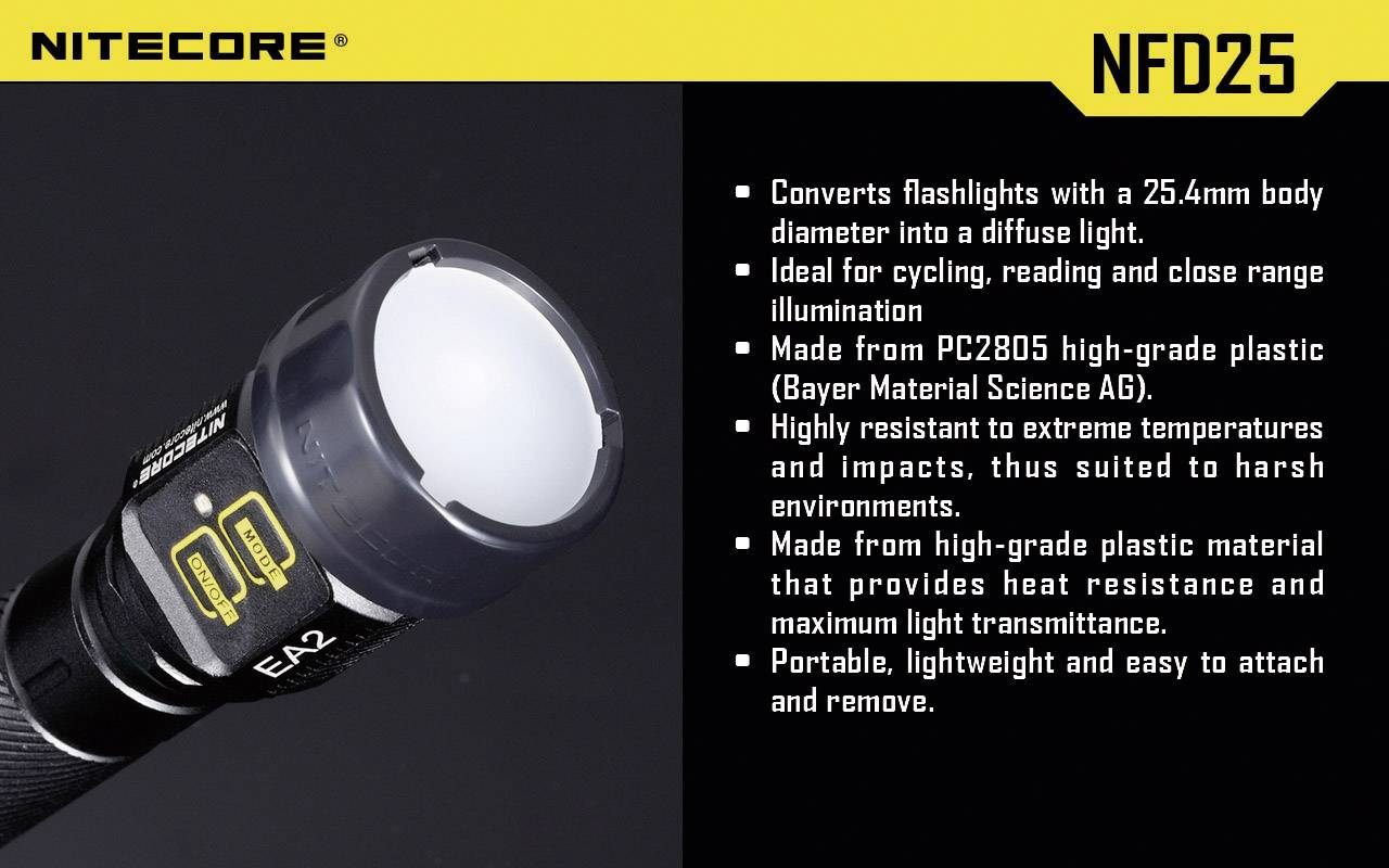 NiteCore NITNFD25 Diffusore EC1, EC2, EA1, EA2, MT2C, P12, SRT3, SRT5 e torce con Ø 25 mm