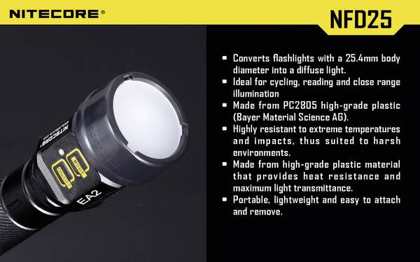 NiteCore NITNFD25 Diffusor  EC1, EC2, EA1, EA2, MT2C, P12, SRT3, SRT5 und Taschenlampen mit einen Ø 25 mm