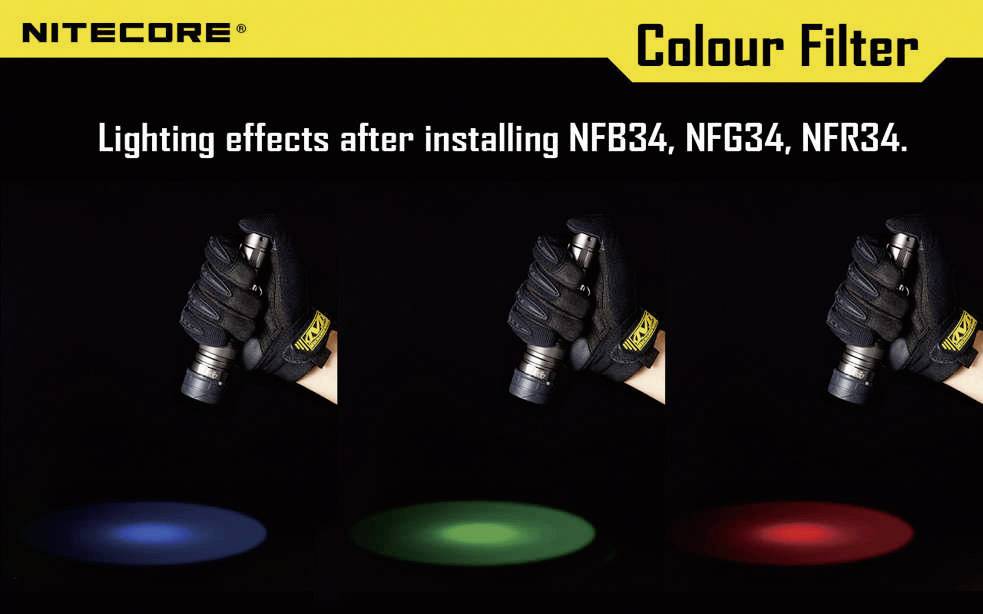'NITECORE Colour Filter' zeigt drei Taschenlampen mit Farbfiltern in Blau, Grün und Rot. Text: 'Lighting effects after installing NFB34, NFG34, NFR34'.