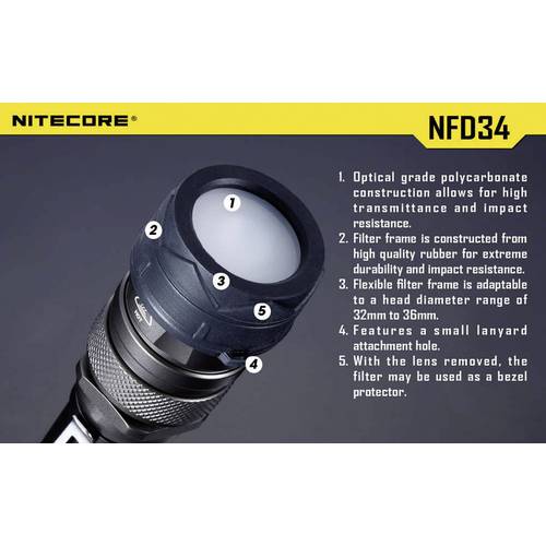NiteCore NITNFD34 Diffusor MT25, MT26, SRT6 und Taschenlampen mit einen Ø 33 - 36 mm