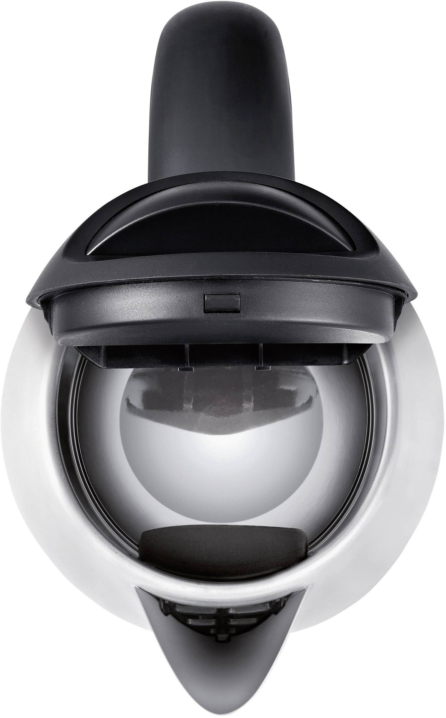 Top-Ansicht eines modernen, runden Toasters mit schwarzem Griff und silbernem Gehäuse. Der Deckel ist teilweise geöffnet.