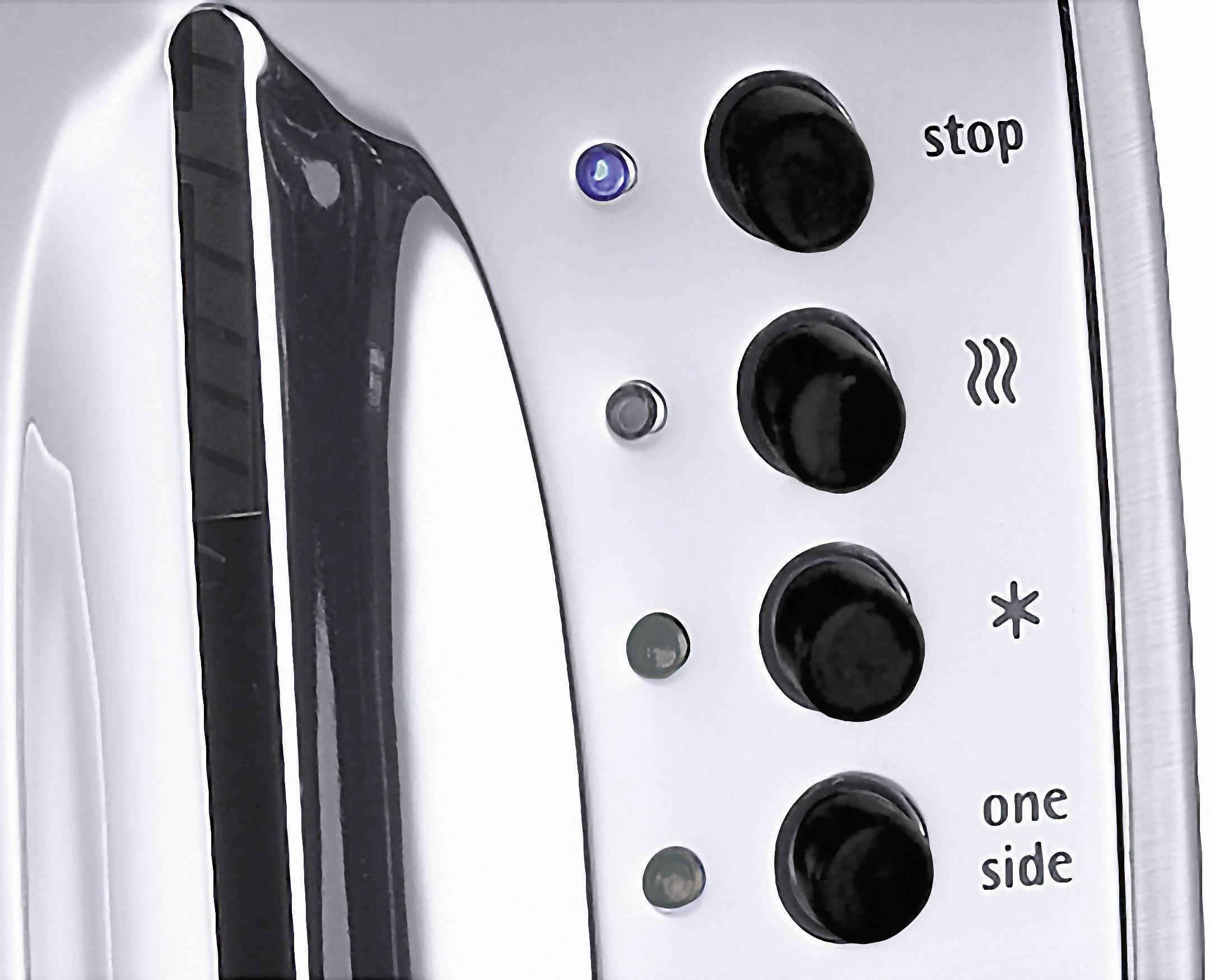 Ein silberner Toaster mit vier schwarzen Knöpfen. Beschriftung neben den Knöpfen: 'stop', 'well', 'star', 'one side'.