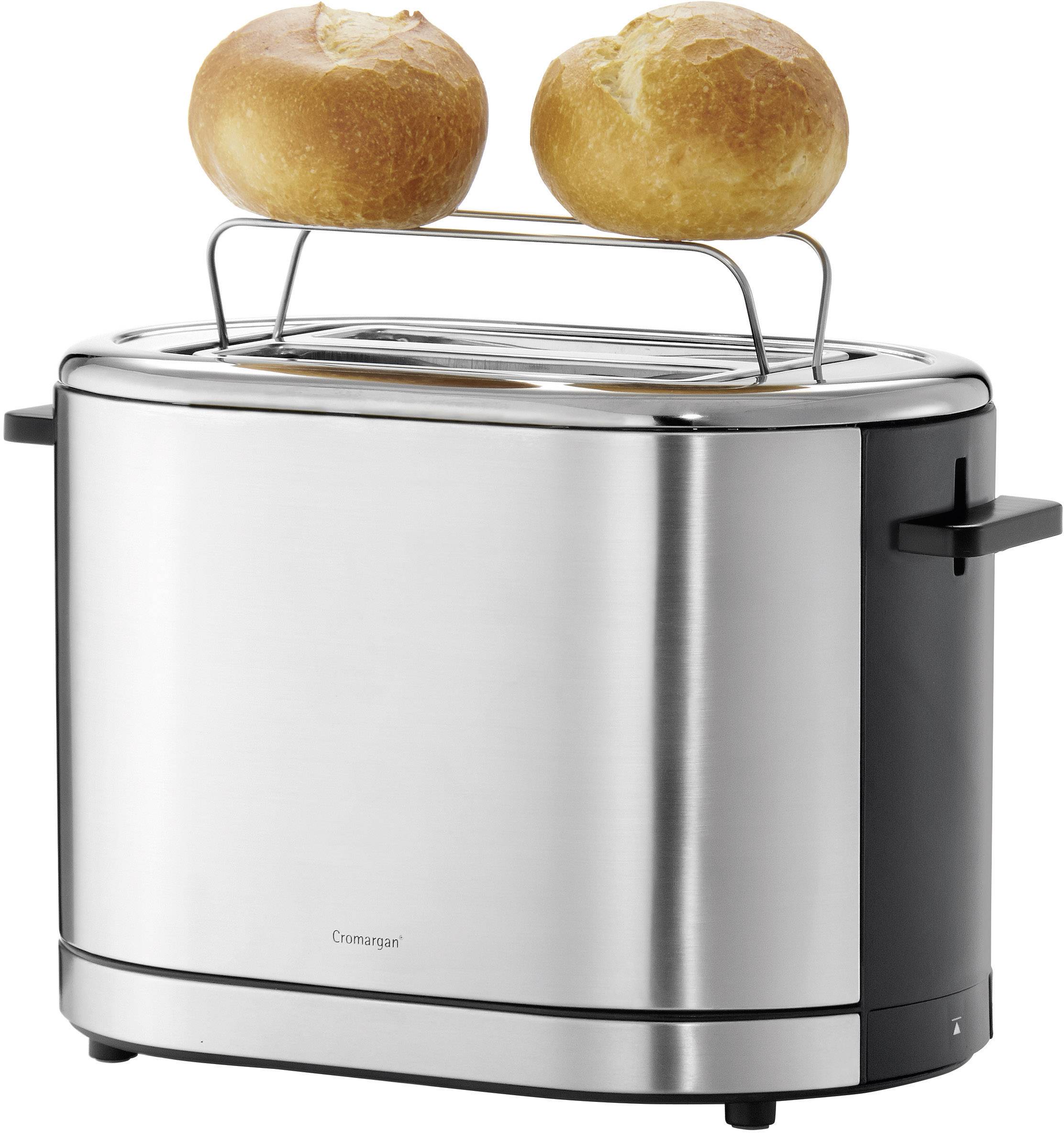 Ein silberner Toaster mit zwei Brötchen auf einem Brötchenaufsatz, auf einem weißen Hintergrund.