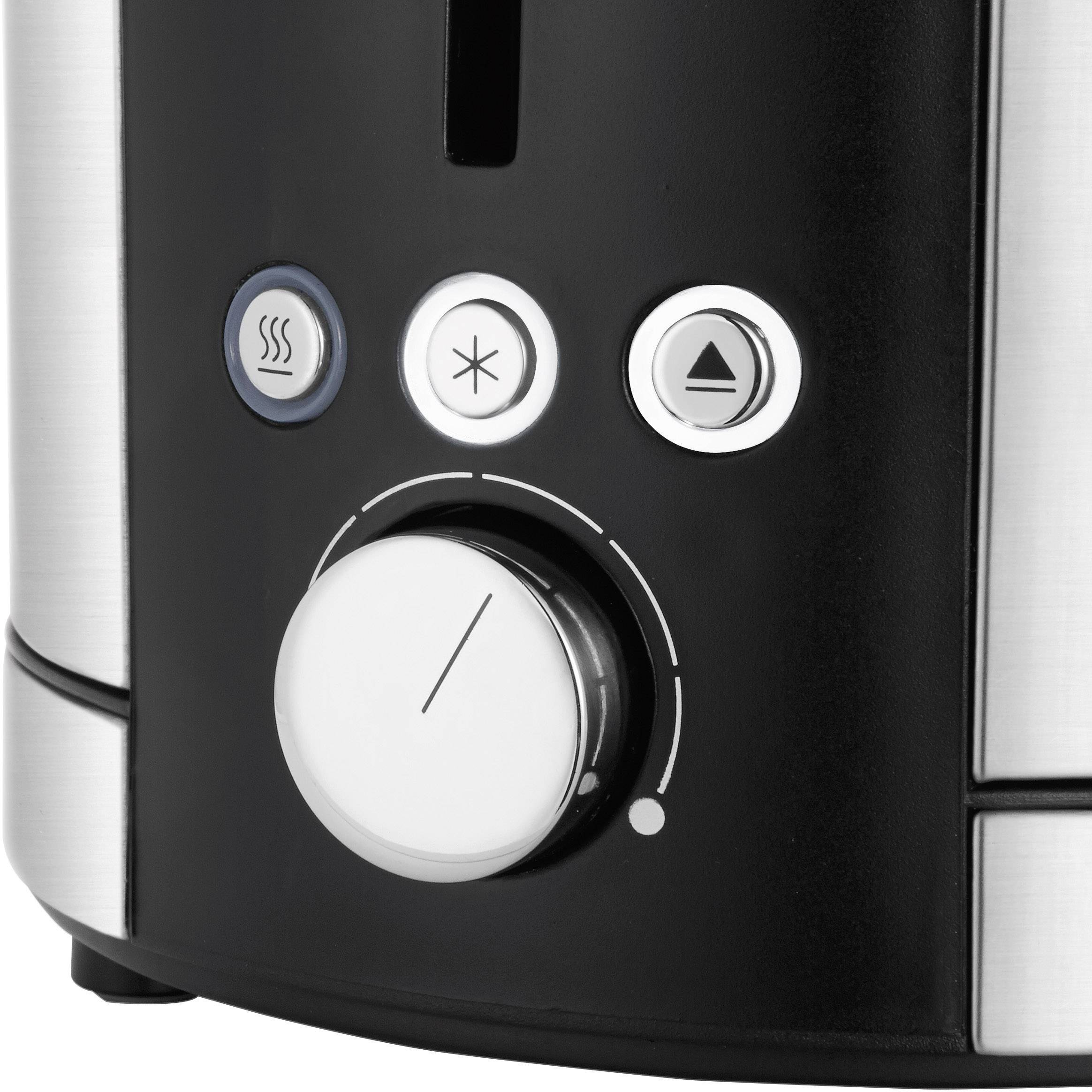 Nahaufnahme eines Toasters mit Drehknopf zur Temperatureinstellung und drei Funktionstasten zur Steuerung der Röstintensität.