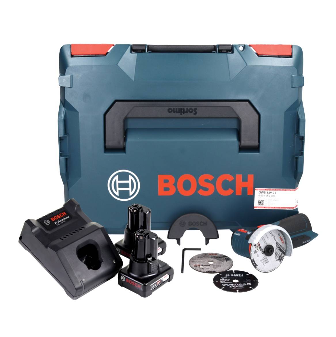 Bosch GWS 12V-76 Professional Akku Winkelschleifer 12 V 76 mm Brushless + 2x Akku 6,0 Ah + Ladegerät + L-Boxx-1