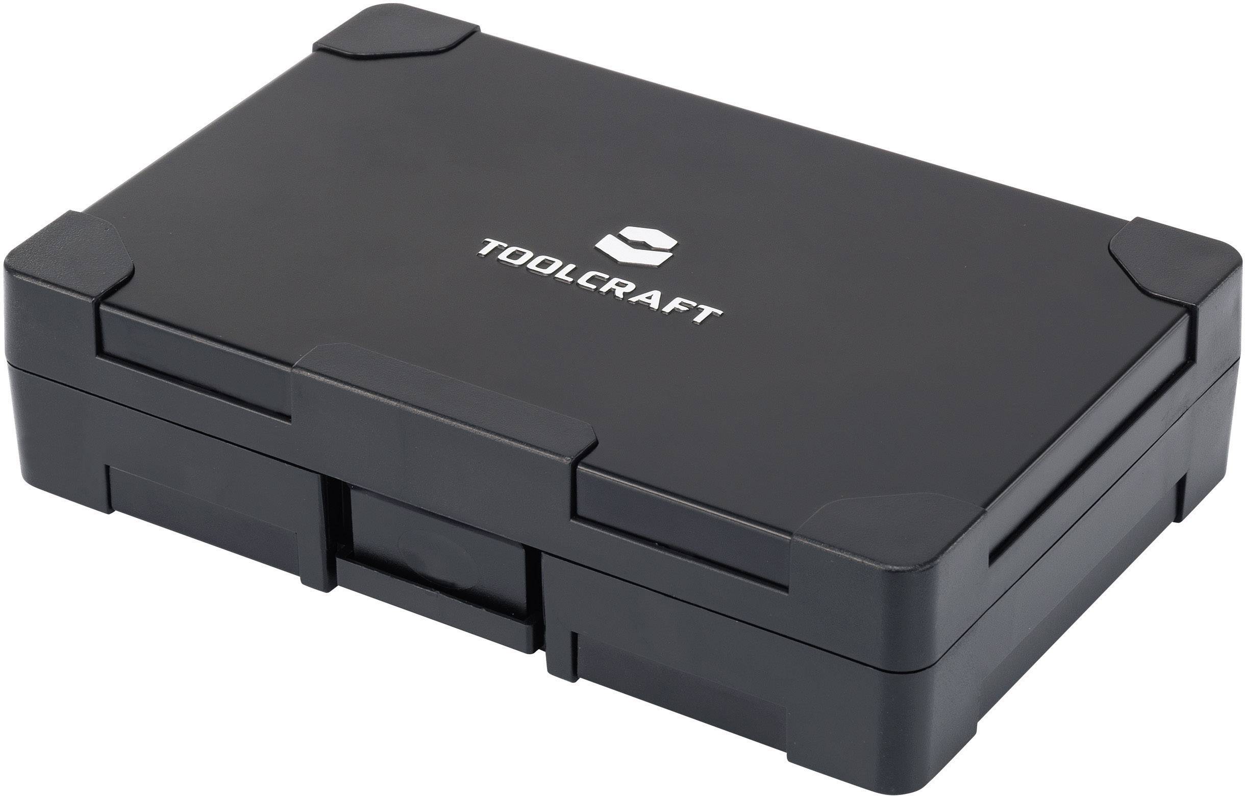 Schwarzer Werkzeugkoffer mit dem weißen Logo 'TOOLCRAFT' auf dem Deckel, geschlossen und rechteckig, mit verstärkten Ecken.