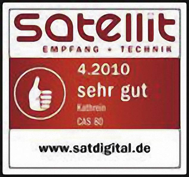 'Empfang + Technik' Auszeichnung von 4.2010 mit Bewertung 'sehr gut'. Webseite: 'www.satdigital.de'.