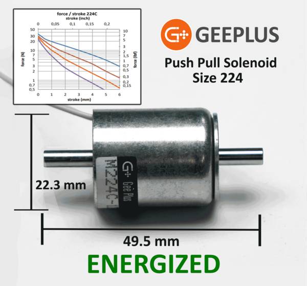 Geeplus Push/Pull-Hubmagnet (Kurzhubmagnet) M224C-6V, Ø22,3 x 28mm, 3,75W Dauer, bis 6mm Hub, Haltekraft >35N bei 100%ED