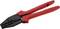 Crimpzange mit roten Griffen, geeignet zum Verbinden von Kabelschuhen und Steckverbindern in der Elektrotechnik.