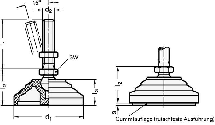 Kunststoff-Gelenkfuß GN 344 d1 80 mm,d2 M 16mm l1 138mm l3 24mm GANTER-1