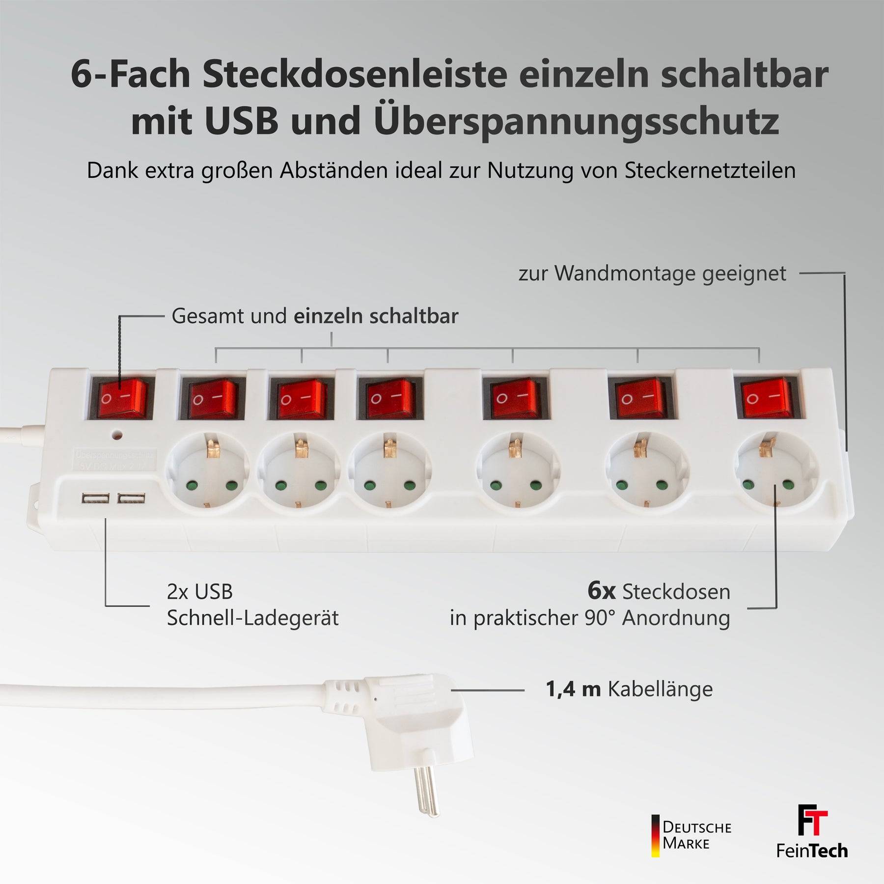 FeinTech MD000652 Überspannungsschutz-Steckdosenleiste 6-fach mit USB einzeln schaltbar-1