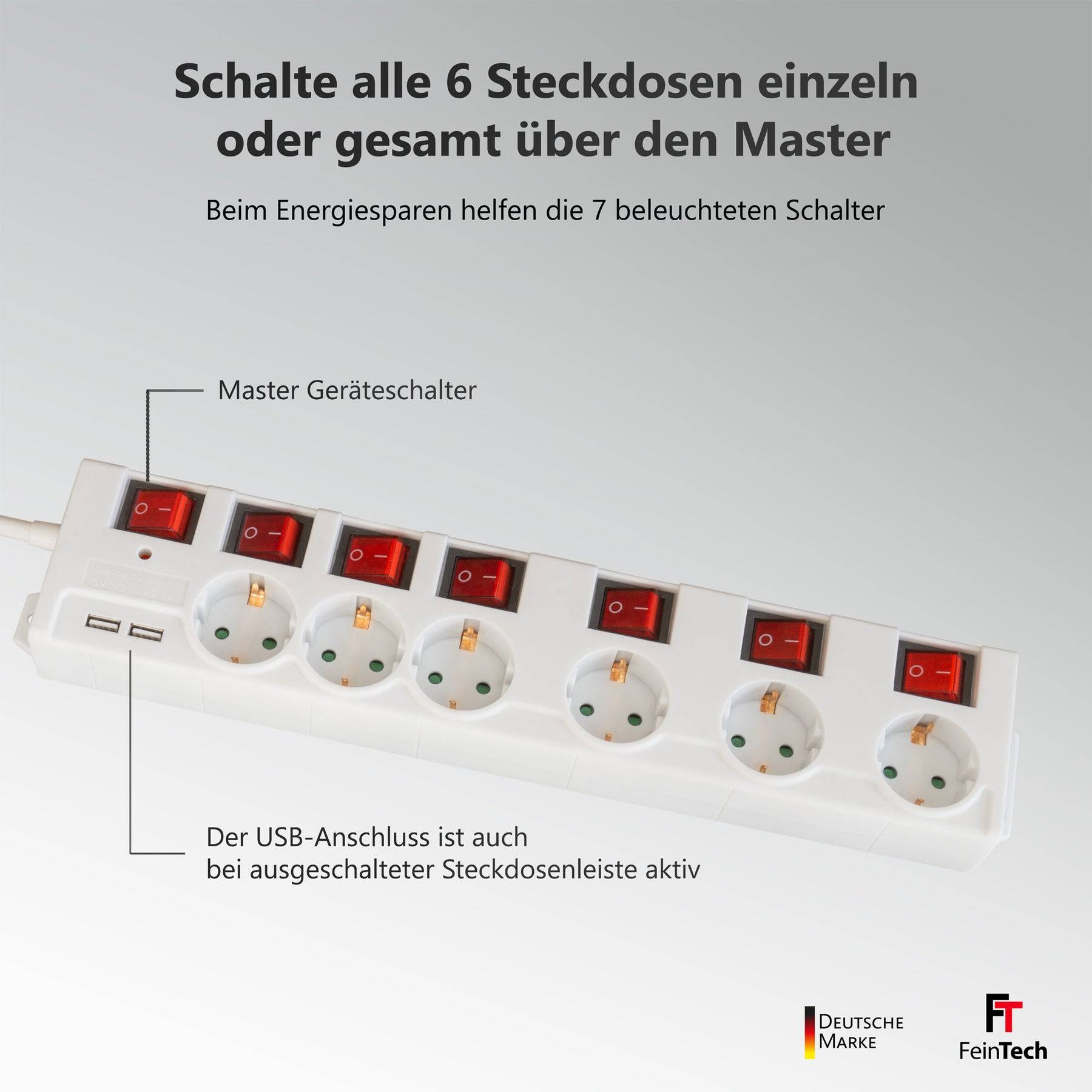 FeinTech MD000652 Überspannungsschutz-Steckdosenleiste 6-fach mit USB einzeln schaltbar-2