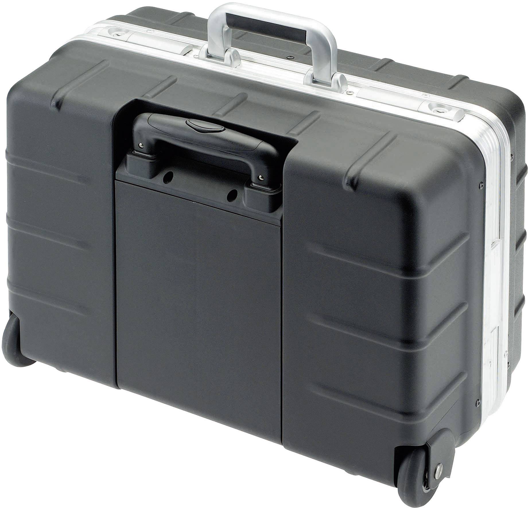 Ein schwarzer, robuster Rollkoffer mit silbernem Griff, ideal für Werkzeug oder empfindliche Ausrüstung.