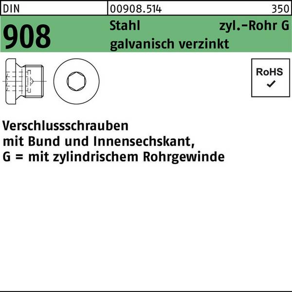 Verschlußschraube DIN 908 Bund/Innen-6kt G 3/4 A Stahl galv.verz. 25St.