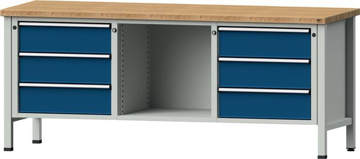 Werkbank V B2000xT700xH890mm Universalplatte lichtgrau/blau 6Schubl.offenes Fach-0