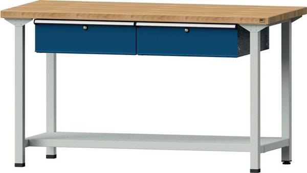 Werkbank V B2000xT700xH890mm Buche massiv lichtgrau/blau Anz.Schubl.xH 2x170mm