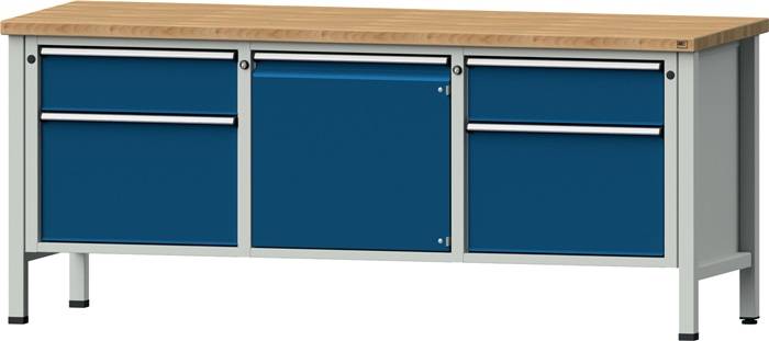Werkbank V B2000xT700xH890mm Buche massiv lichtgrau/blau 4 Schubl.1 Tür ANKE-0