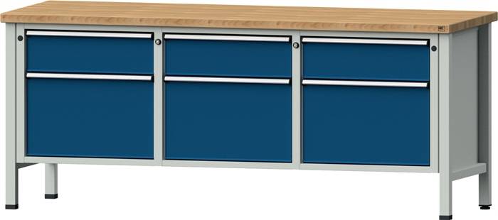 Werkbank V B2000xT700xH840mm Buche massiv lichtgrau enzianblau 6 Schubl.ANKE-0