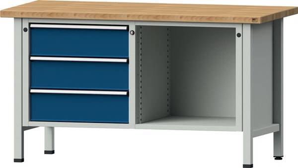 Werkbank V B1500xT700xH890mm Buche massiv lichtgrau/blau 3 Schubl.offenes Fach
