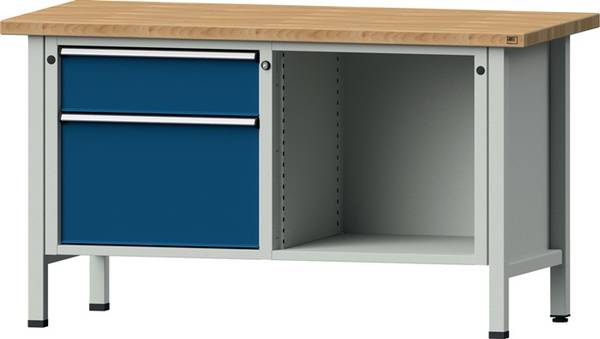 Werkbank V B1500xT700xH890mm Universalplatte lichtgrau/blau 2Schubl.offenes Fach