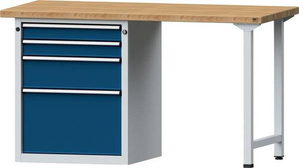Werkbank V B1500xT700xH890mm Universalpl.grau/blau Schubl.xH 2x90,1x180,1x360mm