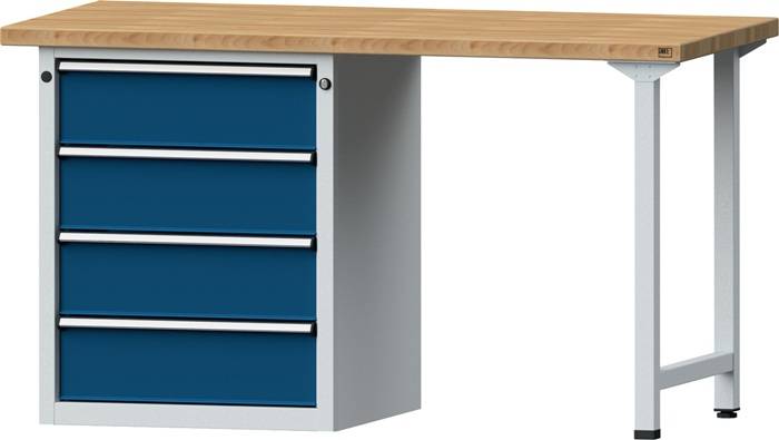 Werkbank V B1500xT700xH890mm Buche massiv lichtgrau/blau Anz.Schubl.xH 4x180mm-0