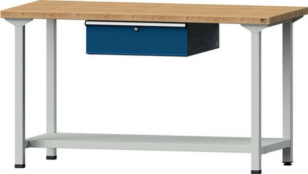 Werkbank BL B2000xT700xH890mm Buche massiv lichtgrau enzianblau 1 Schubl.ANKE