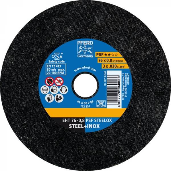 PFERD Trennscheibe EHT 76-0,8 PSF STEELOX/10,0 - PSF STEELOX - Außen-Ø 76 mm - Aufspannsystem 10,0 mm - VE 25 Stück - Preis per VE