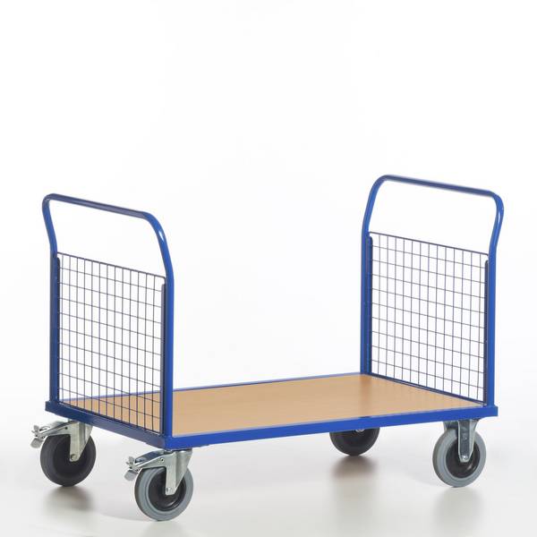 Gitter-Doppelstirnwandwagen,Tragl. 400kg,Ladefl. LxB 850x500mm,Holzplatte,2 Wände,RAL5010,2 Lenk-/2 Bockrollen
