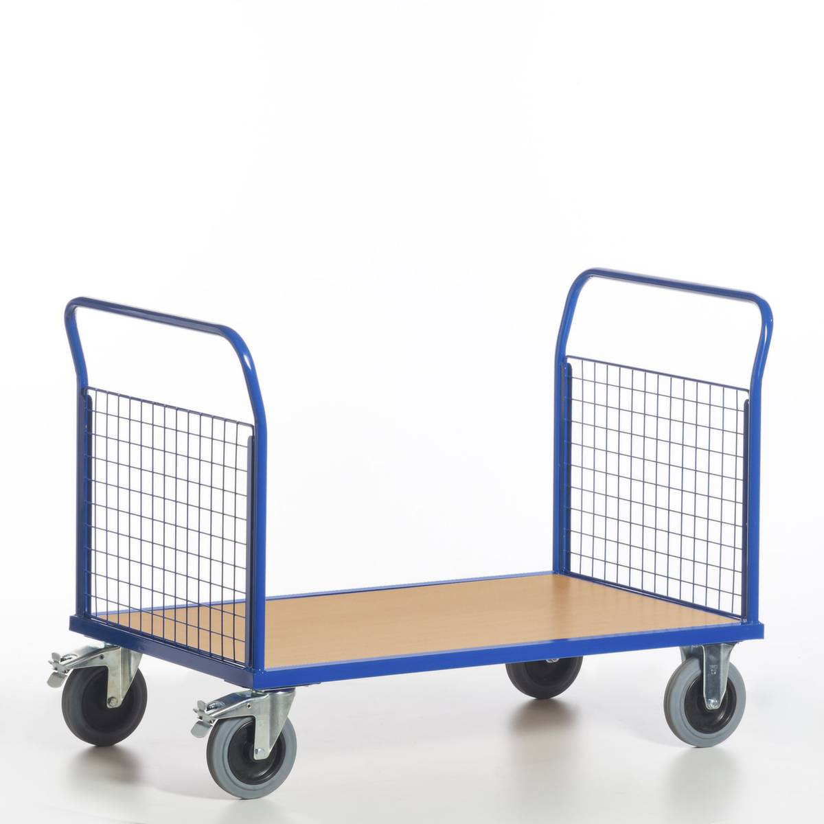 Gitter-Doppelstirnwandwagen,Tragl. 400kg,Ladefl. LxB 850x500mm,Holzplatte,2 Wände,RAL5010,2 Lenk-/2 Bockrollen-0