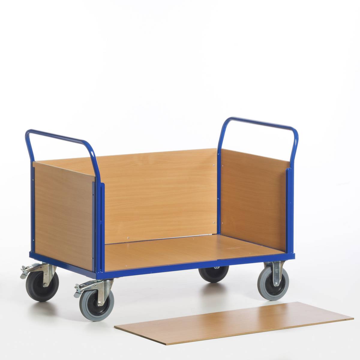 Vierwandwagen,Tragl. 600kg,Ladefl. LxB 1200x770mm,Holzplatte,4 Wände,RAL5010,2 Lenk-/2 Bockrollen,TPE-Bereifung-0