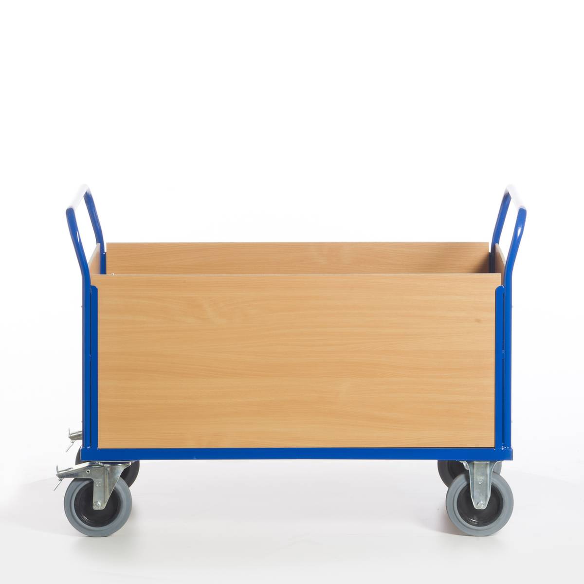 Vierwandwagen,Tragl. 600kg,Ladefl. LxB 1200x770mm,Holzplatte,4 Wände,RAL5010,2 Lenk-/2 Bockrollen,TPE-Bereifung-1
