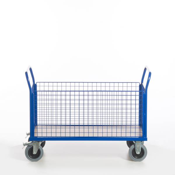 Gitter-Vierwandwagen,Tragl. 500kg,Ladefl. LxB 1200x770mm,Holzplatte,4 Gitterwände,RAL5010,2 Lenk-/2 Bockrollen