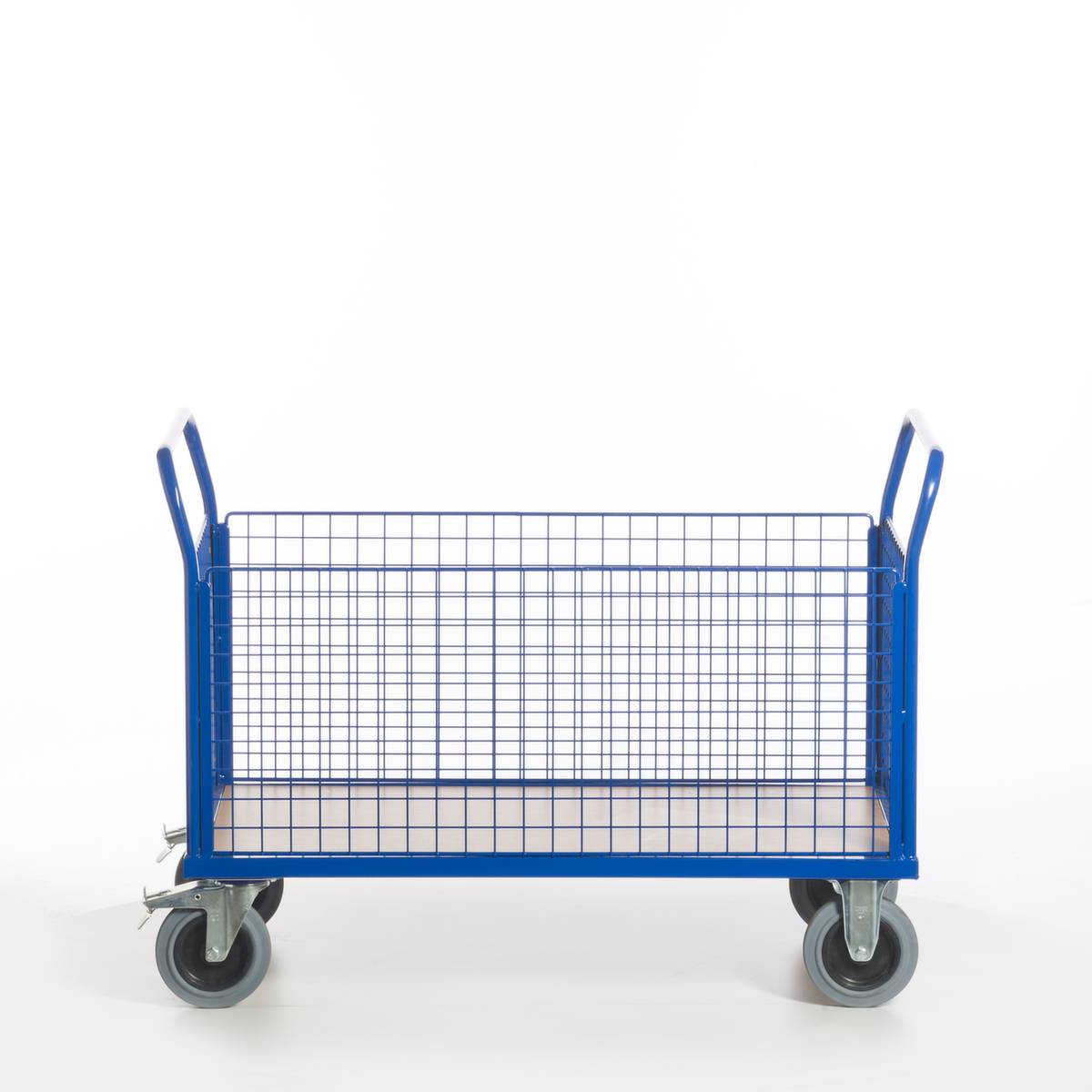 Gitter-Vierwandwagen,Tragl. 500kg,Ladefl. LxB 1200x770mm,Holzplatte,4 Gitterwände,RAL5010,2 Lenk-/2 Bockrollen-0