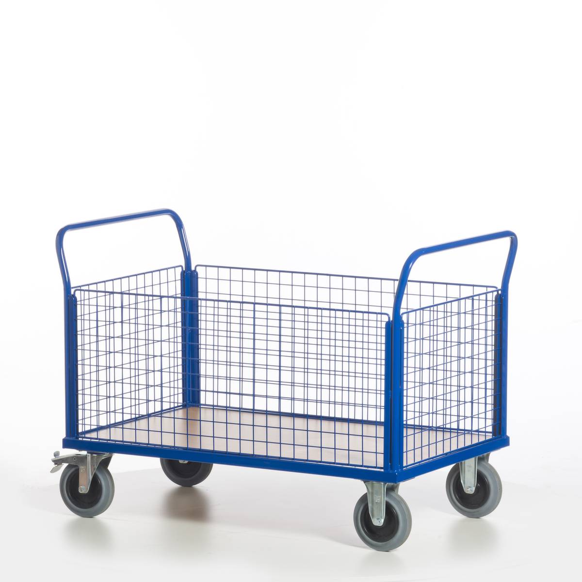 Gitter-Vierwandwagen,Tragl. 500kg,Ladefl. LxB 1200x770mm,Holzplatte,4 Gitterwände,RAL5010,2 Lenk-/2 Bockrollen-1