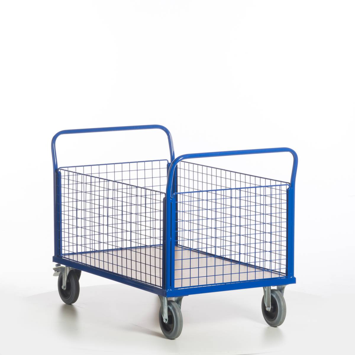 Gitter-Vierwandwagen,Tragl. 500kg,Ladefl. LxB 1200x770mm,Holzplatte,4 Gitterwände,RAL5010,2 Lenk-/2 Bockrollen-2