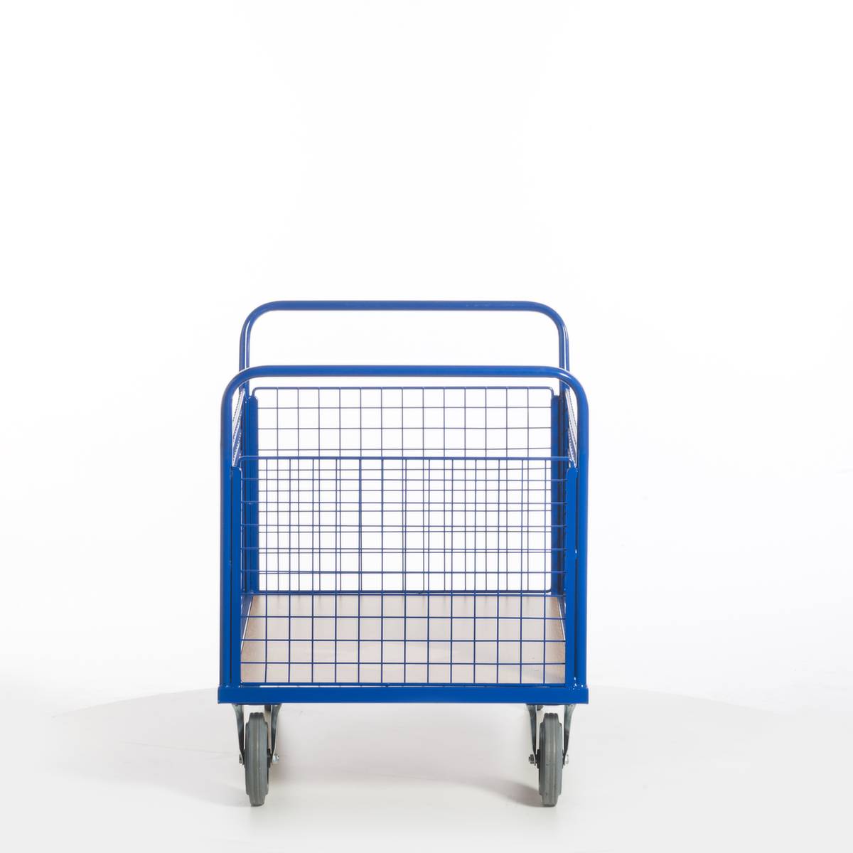 Gitter-Vierwandwagen,Tragl. 500kg,Ladefl. LxB 1200x770mm,Holzplatte,4 Gitterwände,RAL5010,2 Lenk-/2 Bockrollen-3