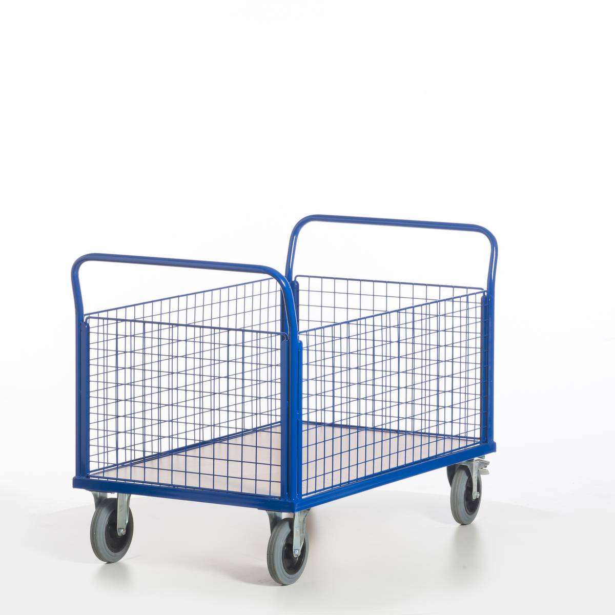 Gitter-Vierwandwagen,Tragl. 500kg,Ladefl. LxB 1200x770mm,Holzplatte,4 Gitterwände,RAL5010,2 Lenk-/2 Bockrollen-4