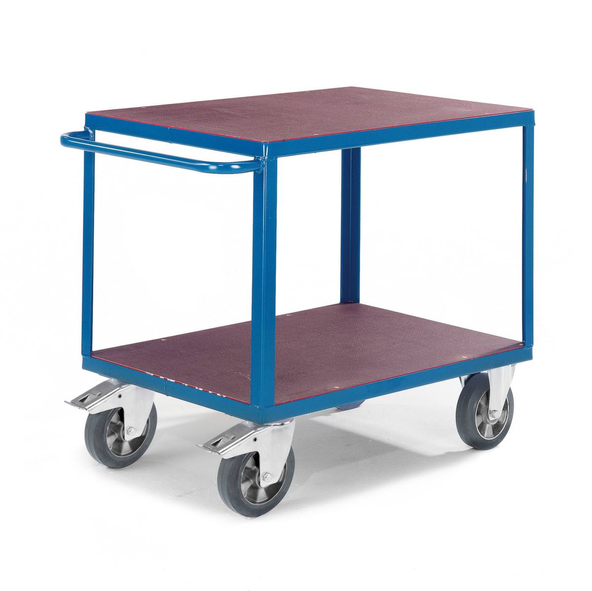 Tischwagen,Tragl. 1200kg,2xSiebdruckplatte,Ladefl. LxB 1000x700mm,RAL5010,Elastik-Bereifung-0