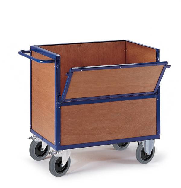 Kastenwagen,Tragl. 600kg,Ladefl. LxB 965x665mm,HxLxB 1045x1150x720mm,4 Wände,1 Längswand klappbar,m. Deckel,RAL5010