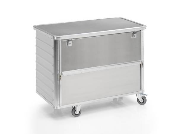 Alu-Kastenwagen,Tragl. 250kg,650l,HxLxB 985x1280x675mm,Deckel anscharniert,Vollgummi-Bereifung