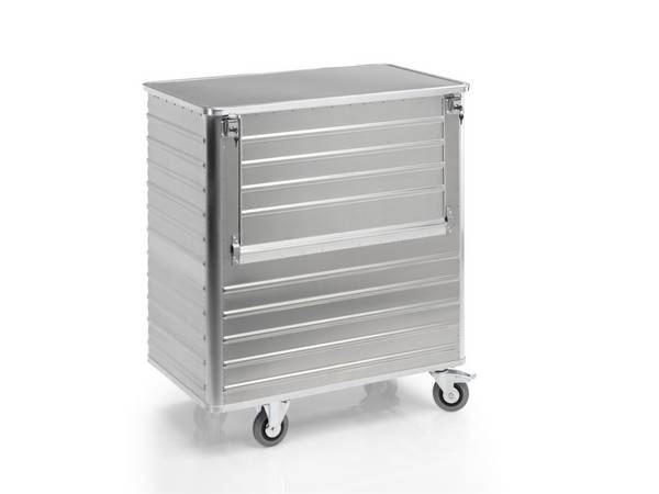 Alu-Kastenwagen,Tragl. 300kg,1050l,HxLxB 1430x1280x730mm,Deckel anscharniert,Vollgummi-Bereifung