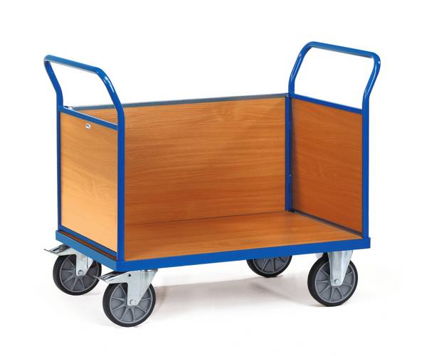 Dreiwandwagen,Tragl. 500kg,Ladefl. LxB 1000x600mm,Holzplatte,3 Wände,RAL5007,2 Lenk-/2 Bockrollen,TPE-Bereifung