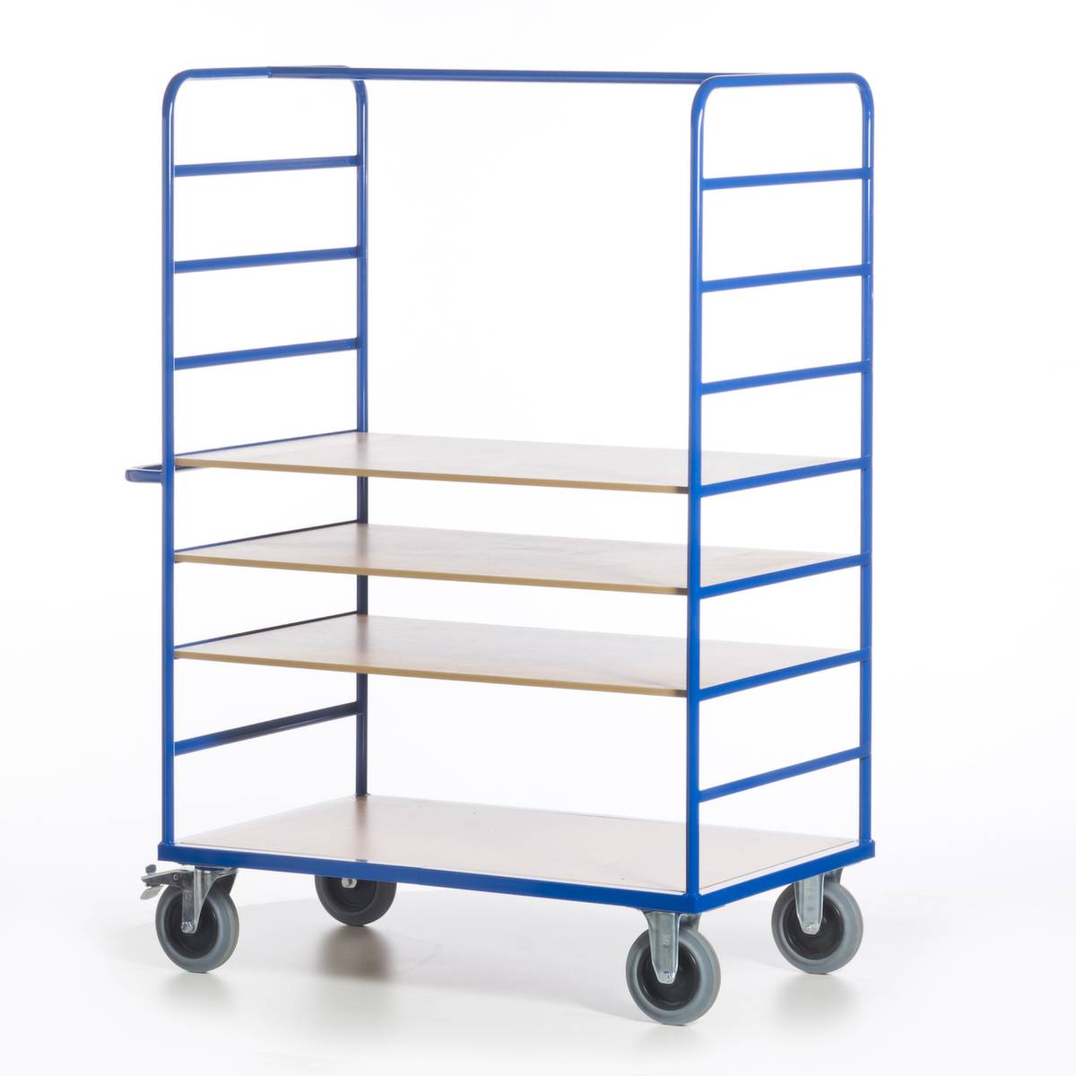 Etagenwagen,Tragl. 600kg,4 Etage(n),Ladefl. LxB 1200x740mm,Holzetage,RAL5010,TPE-Bereifung-1