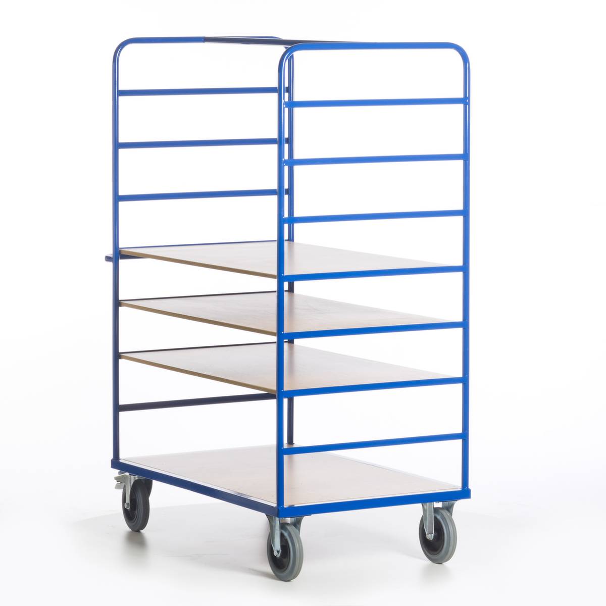 Etagenwagen,Tragl. 600kg,4 Etage(n),Ladefl. LxB 1200x740mm,Holzetage,RAL5010,TPE-Bereifung-2